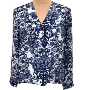Charming Charlie Blouse Size Small White Blue Lace Leaf Print Faux Wrap Front